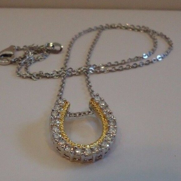 STERLING SILVER HORSE SHOE NECKLACE PENDANT W/ LAB CREATED DIAMOND 19MM BY 16MM - Picture 4 of 5